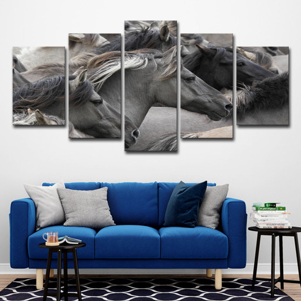5-piece Grey And Black Horse Group Wall Art For Living Room And Bedroom Home Decor